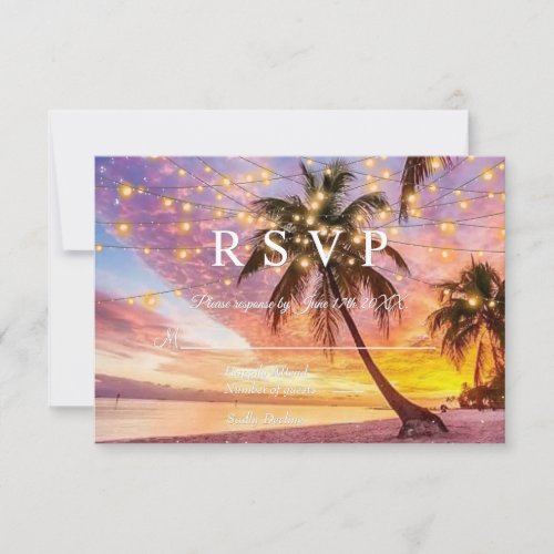 Modern Sunset Beach and Stars Summer Wedding RSVP Card