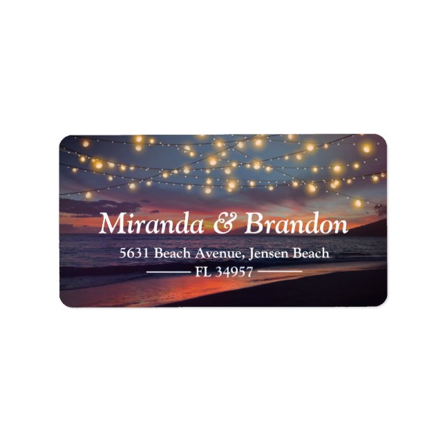 Modern Sunset Beach String Lights Summer Wedding Label (Front)