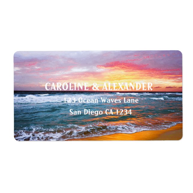 Modern Sunset Ocean Tropical Beach Wedding Label (Front)