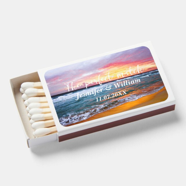 Modern Sunset Ocean Tropical Beach Wedding Matchboxes (Front Open)