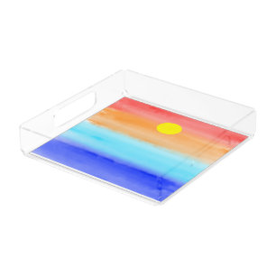 Modern Sunset on beach watercolor Retro gradient Acrylic Tray