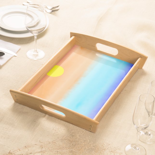 Modern Sunset on beach watercolor Retro gradient Serving Tray (Front)
