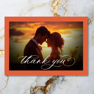 Modern Sunset Orange Script Minimal Photo Wedding Thank You Card