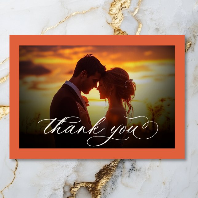 Modern Sunset Orange Script Minimal Photo Wedding Thank You Card (Modern Sunset Orange Script Minimal Photo Wedding Thank You Card)