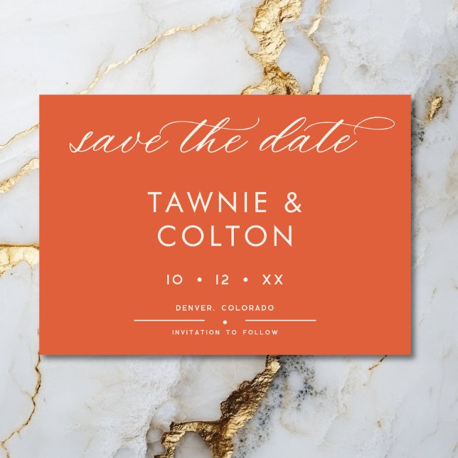Modern Sunset Orange Script Minimal Wedding Save The Date (Modern Sunset Orange Script Minimal Wedding Save The Date)