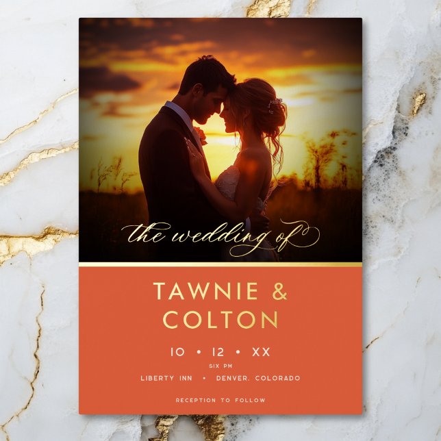 Modern Sunset Orange Script Photo Minimal Wedding Foil Invitation (Modern Sunset Orange Script Photo Wedding Invitation)