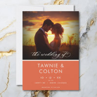 Modern Sunset Orange Script Photo Minimal Wedding