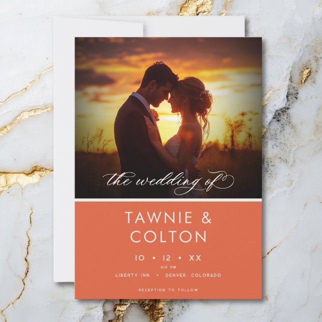 Modern Sunset Orange Script Photo Minimal Wedding Foil Invitation (Creator Uploaded)