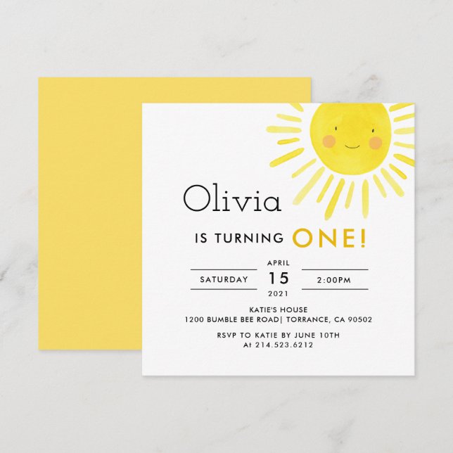 Modern Sunshine 1st Birthday Party Invitation (Front/Back)