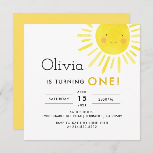 Modern Sunshine 1st Birthday Party Invitation
