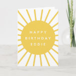 Modern Sunshine | Custom Name Happy Birthday Cute Card<br><div class="desc">Simple,  stylish and cute "Happy Birthday <name>" custom quote card with a fun scandinavian 'scandi' style sun graphic design in mustard yellow with modern white block text typography which you can easily personalize with your own bespoke birthday message and name of your loved one.</name></div>