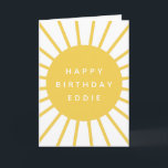 Modern Sunshine | Custom Name Happy Birthday Cute Card<br><div class="desc">Simple,  stylish and cute "Happy Birthday <name>" custom quote card with a fun scandinavian 'scandi' style sun graphic design in mustard yellow with modern white block text typography which you can easily personalize with your own bespoke birthday message and name of your loved one.</name></div>