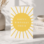 Modern Sunshine | Custom Name Happy Birthday Cute Card<br><div class="desc">Simple,  stylish and cute "Happy Birthday <name>" custom quote card with a fun scandinavian 'scandi' style sun graphic design in mustard yellow with modern white block text typography which you can easily personalize with your own bespoke birthday message and name of your loved one.</name></div>