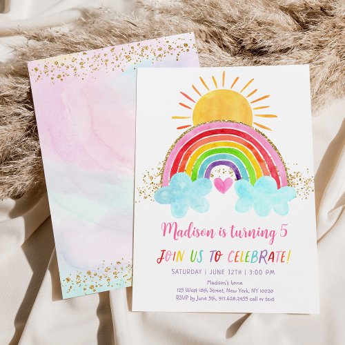 Modern Sunshine Rainbow Pink Gold Birthday Invitation