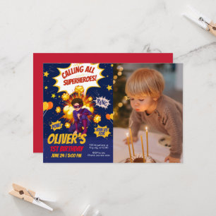Modern, Superhero boy photo birthday  Invitation