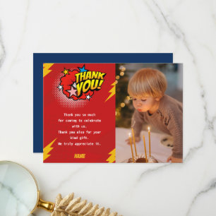 Modern, Superhero boy photo birthday Thank You Card