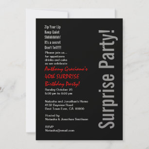 Modern SURPRISE 40th Birthday Black Red Metallic Invitation