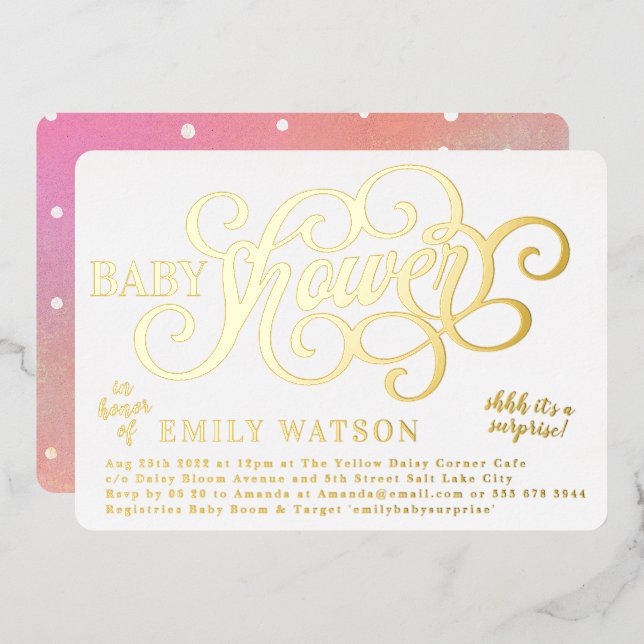 Modern Surprise Baby Shower Gold Pressed Foil Invitation (Front/Back)
