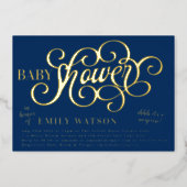 Modern Surprise Blue Baby Shower Gold Pressed Foil Invitation (Front)
