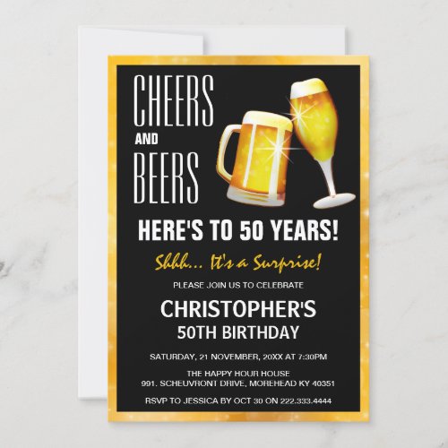 Modern Surprise Cheers  Beers Birthday Party Invitation