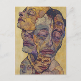 Modern Surrealist Faces Yellow Expressionist Postcard