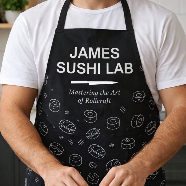 Modern Sushi Roll Pattern with Culinary Typography Apron (Personalized sushi lab apron with custom name and sushi icons)