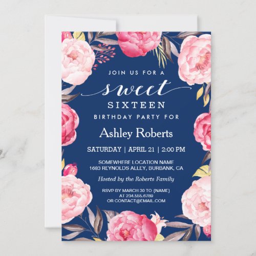 Modern Sweet Sixteen Navy Blue Floral Wreath Card