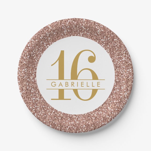 Modern Sweet 16 Birthday Rose Gold Pink Glitter Paper Plates (Front)