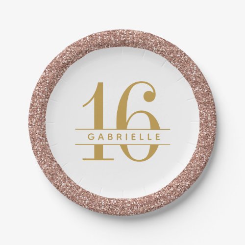 Modern Sweet 16 Birthday Rose Gold Pink Glitter Paper Plates