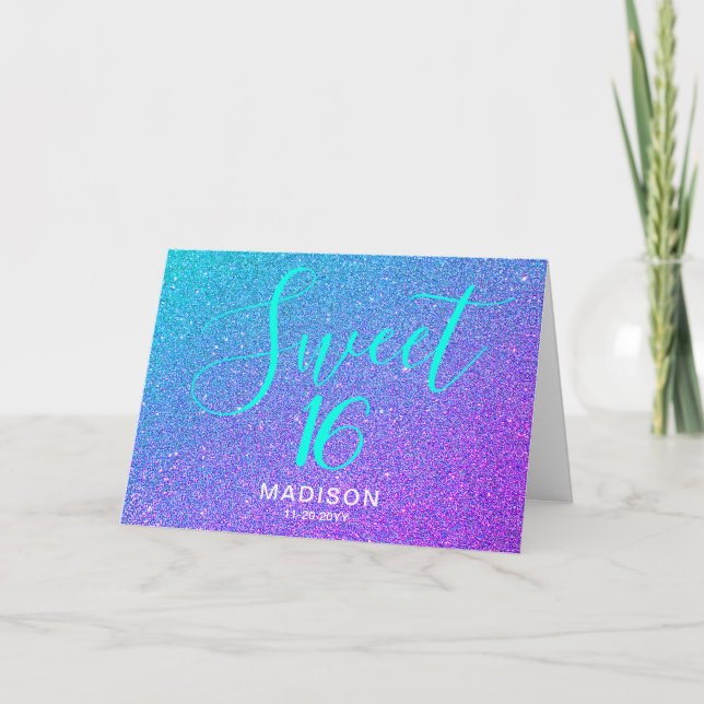 Modern Sweet 16 Birthday Teal Purple Glitter Name Card (Front)