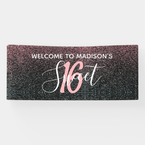 Modern Sweet 16 Black Blush Pink Glitter Name Banner