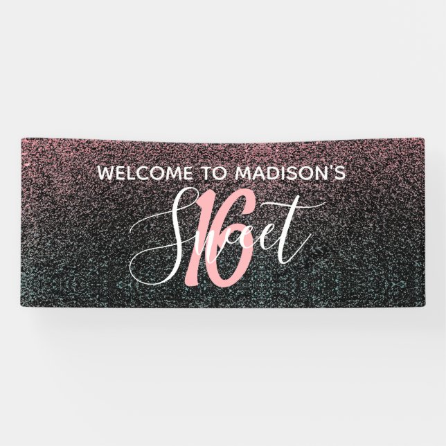 Modern Sweet 16 Black Blush Pink Glitter Name Banner (Horizontal)