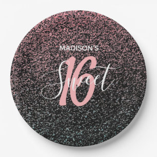 Modern Sweet 16 Black Blush Pink Specks Name  Paper Plates
