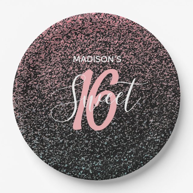 Modern Sweet 16 Black Blush Pink Specks Name  Paper Plates (Front)