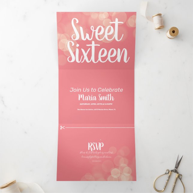 Modern Sweet 16 Bokeh Lights Photography Tri-Fold Invitation (Inside)