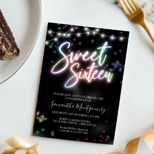 Modern Sweet 16 Colorful Neon Glow Party Invite