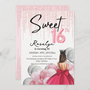 Modern Sweet 16 Glam Princess Balloons Birthday Invitation