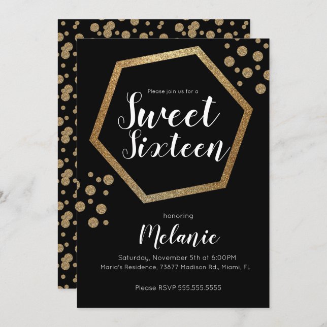 Modern Sweet 16 Glitter Faux Gold Geometric Bars Invitation (Front/Back)