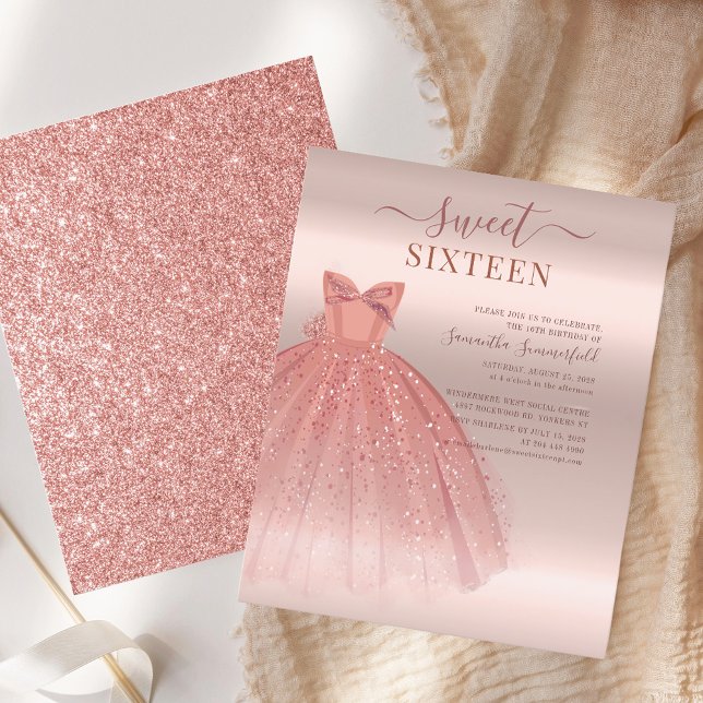 Modern Sweet 16 Glitter Script Rose Gold Birthday  (Sweet 16 Rose Gold Dress Script Birthday Party Invitation)