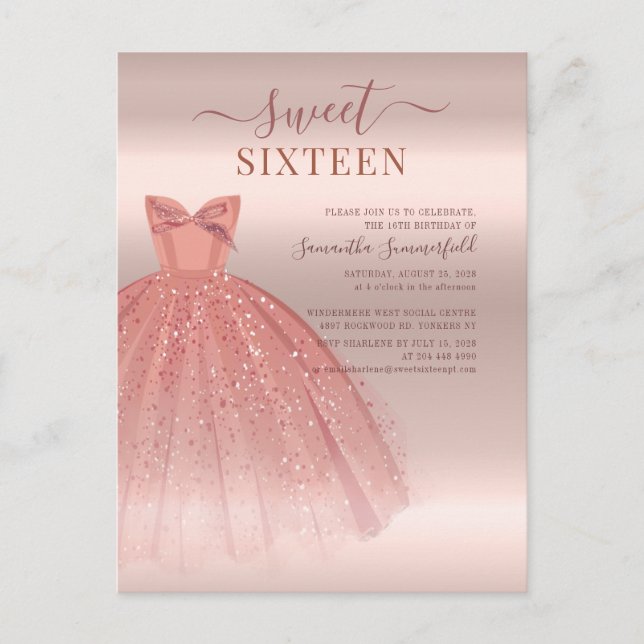 Modern Sweet 16 Glitter Script Rose Gold Birthday Invitation Postcard (Front)