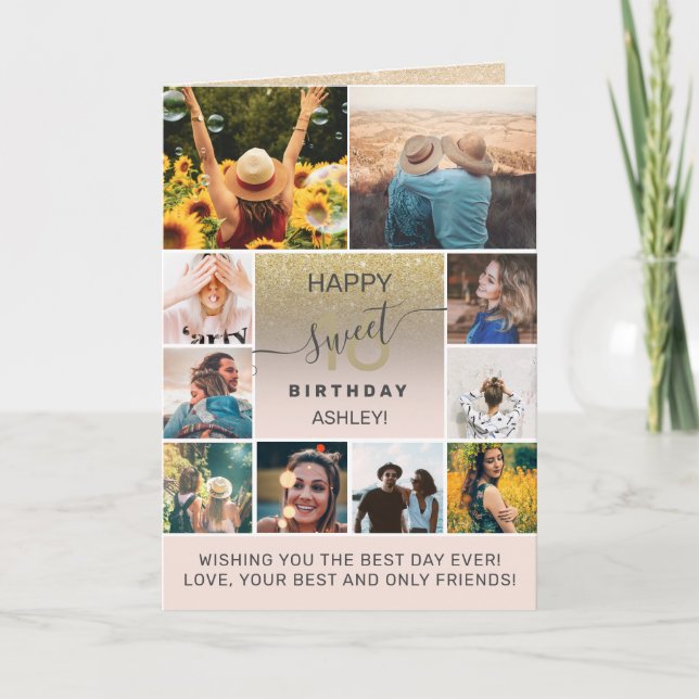 Modern sweet 16 gold birthday 11 photo collage card (Front)