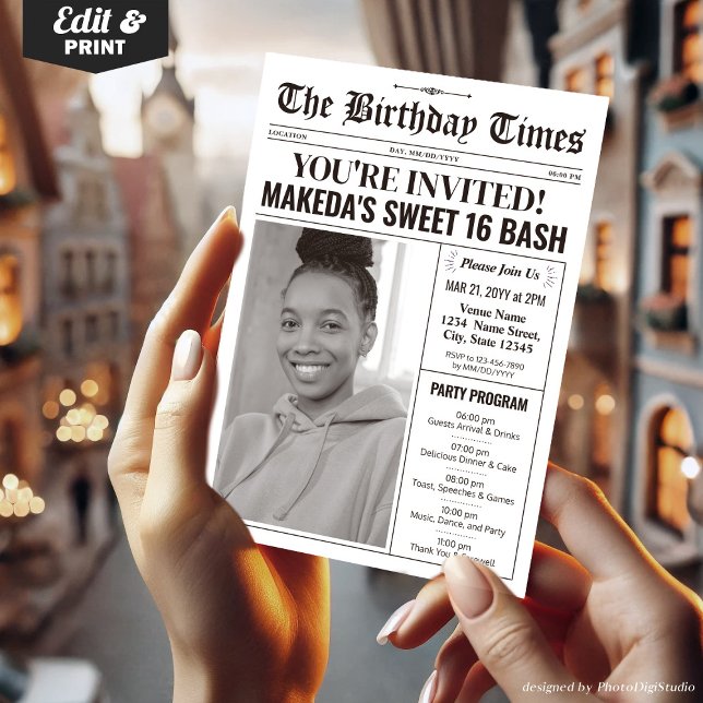 Modern Sweet 16 Invitation with Program Newspaper  (16th Birthday Newspaper Invitations with Program)