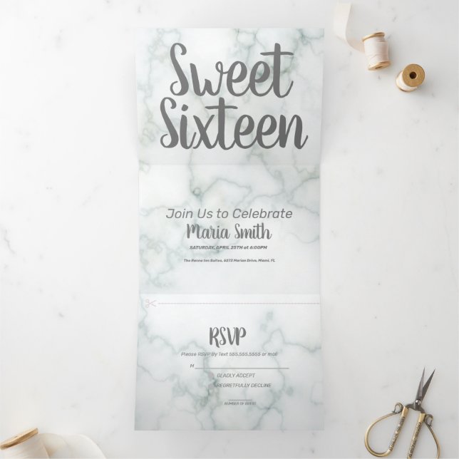 Modern Sweet 16 Marble and Gray Tri-Fold Invitation (Inside)