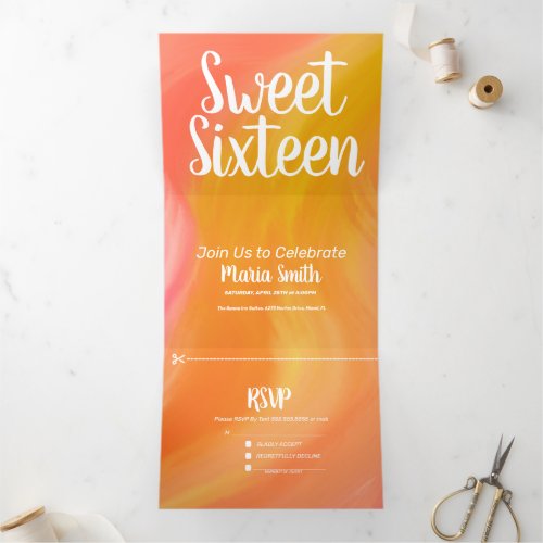 Modern Sweet 16 Marble Orange Pink Swirls Tri_Fold Invitation