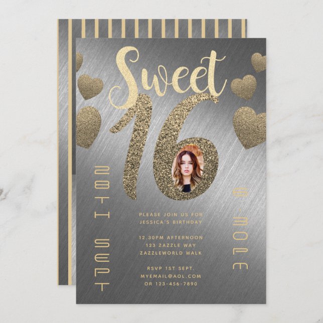 Modern SWEET 16  PHOTO Invite Silver Gold Glitter (Front/Back)