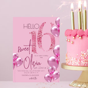 Modern Sweet 16 Pink Balloons Birthday Invitation