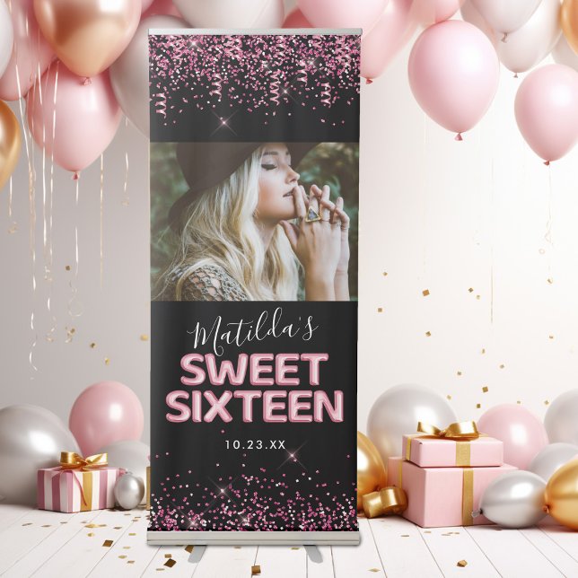 Modern Sweet 16 Pink Glitter Photo Retractable Banner (Creator Uploaded)