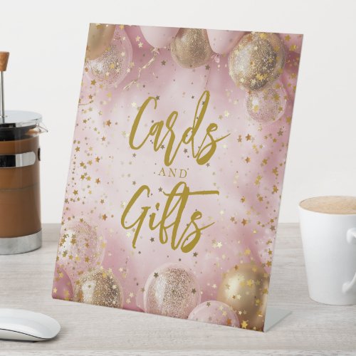 Modern sweet 16 pink gold balloons Cards and Gifts Pedestal Sign