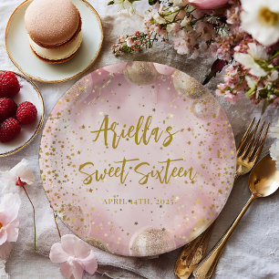 Modern sweet 16 pink gold balloons paper plates