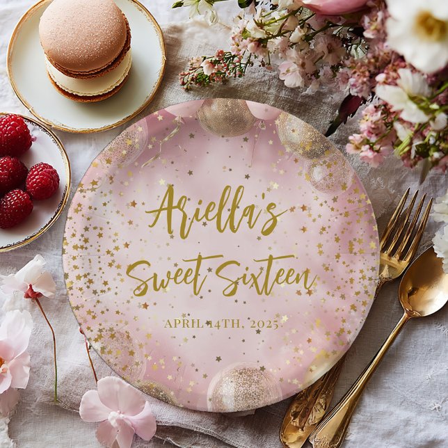 Modern sweet 16 pink gold balloons paper plates (Creator Uploaded)